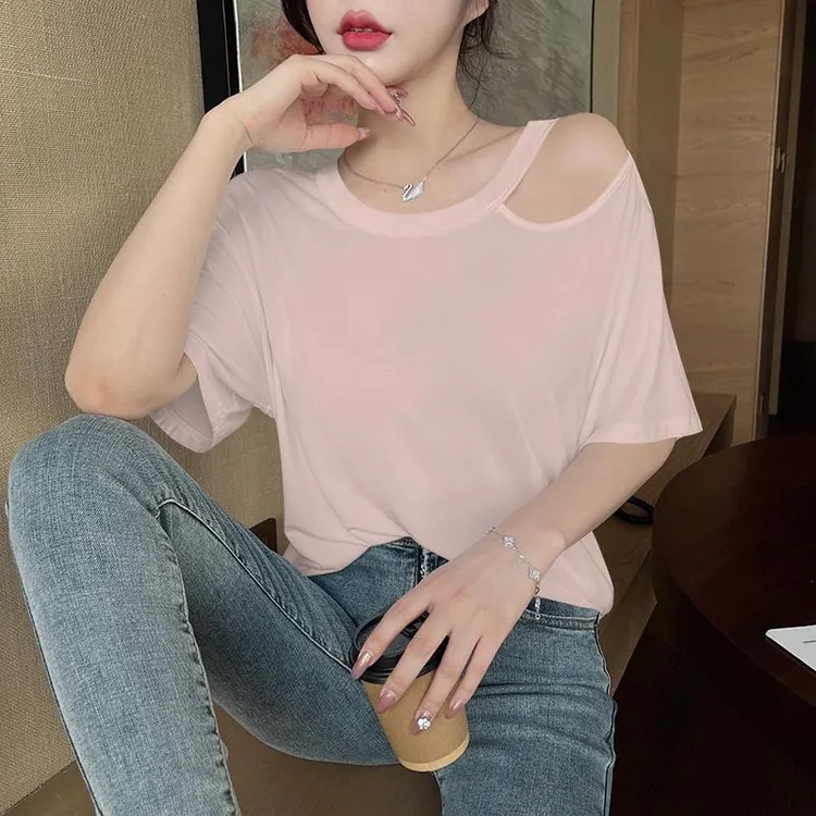 【松弛慵懒感】粉色莫代尔冰丝宽松短袖t恤女半袖露肩体恤小众不