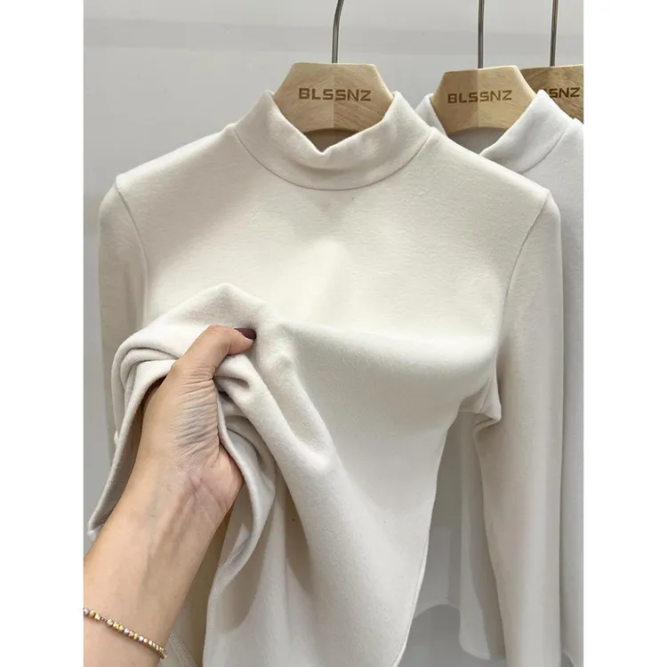 半高领双面德绒打底衫女内搭秋冬加绒加厚长袖上衣显瘦磨毛t恤女