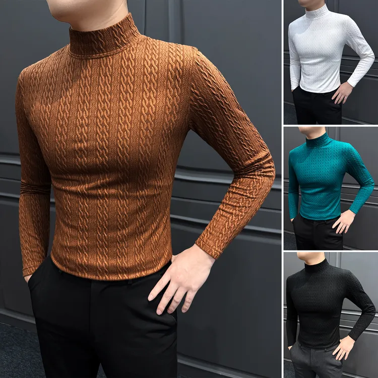 半高领提花长袖T恤男款爆款2025新款网红洋气炸街痞帅男士打底衫