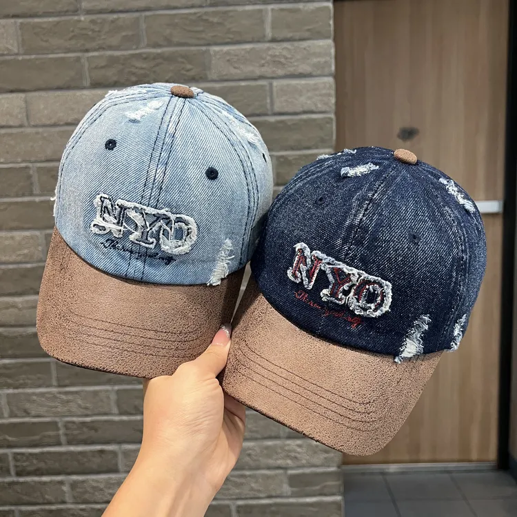 「涵雨乐」街头拽感 儿童棒球帽男女童复古时髦做旧破洞牛仔鸭舌帽