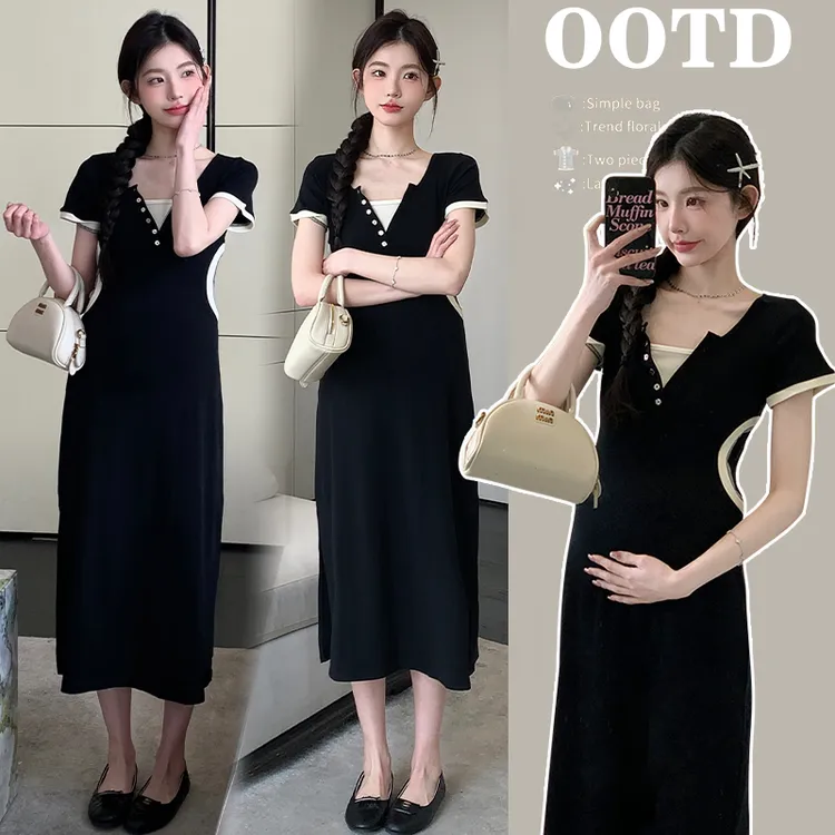 收腰显瘦孕妇装新款爆款夏季法式高级感穿搭假两件撞色通勤连衣裙