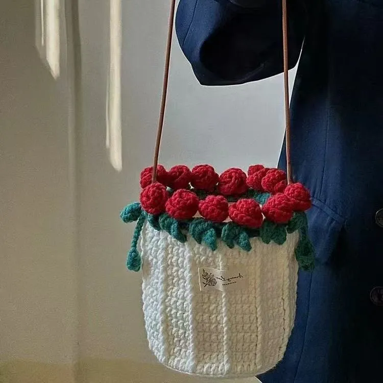 手工可爱玫瑰花水桶包diy材料包自制编织斜挎包手机包毛线钩织