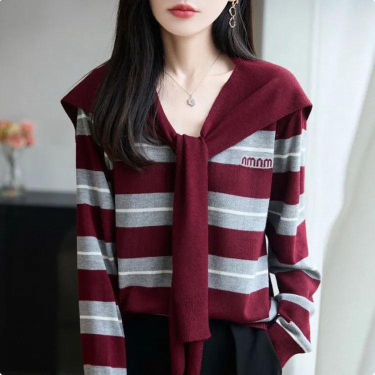 法式撞色条纹两件套披肩针织开衫女秋冬季毛衣外套宽松设计感上衣
