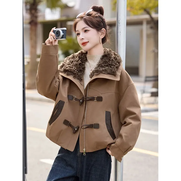 工装风欧货复古棉服女2025冬季新款翻领时尚牛角扣保暖短款外套