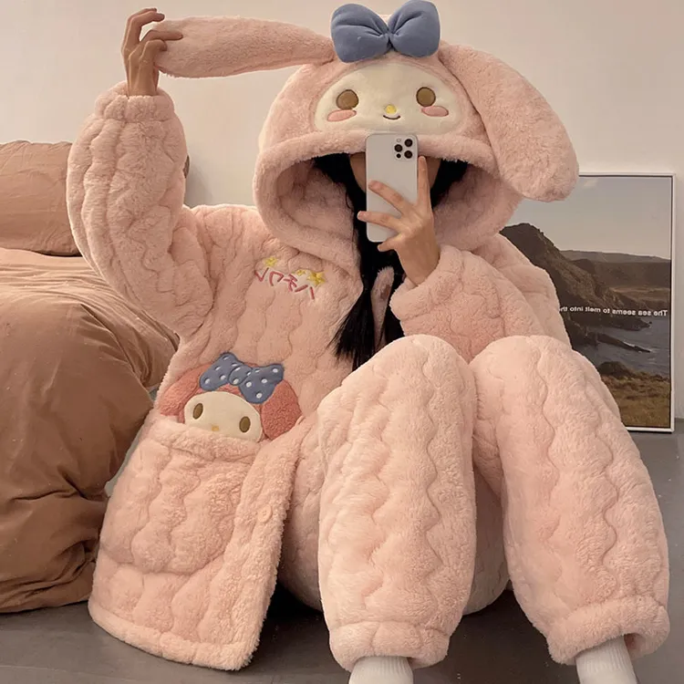 2025新款加厚儿童睡衣女三层夹棉袄冬季加绒保暖女童珊瑚绒家居服