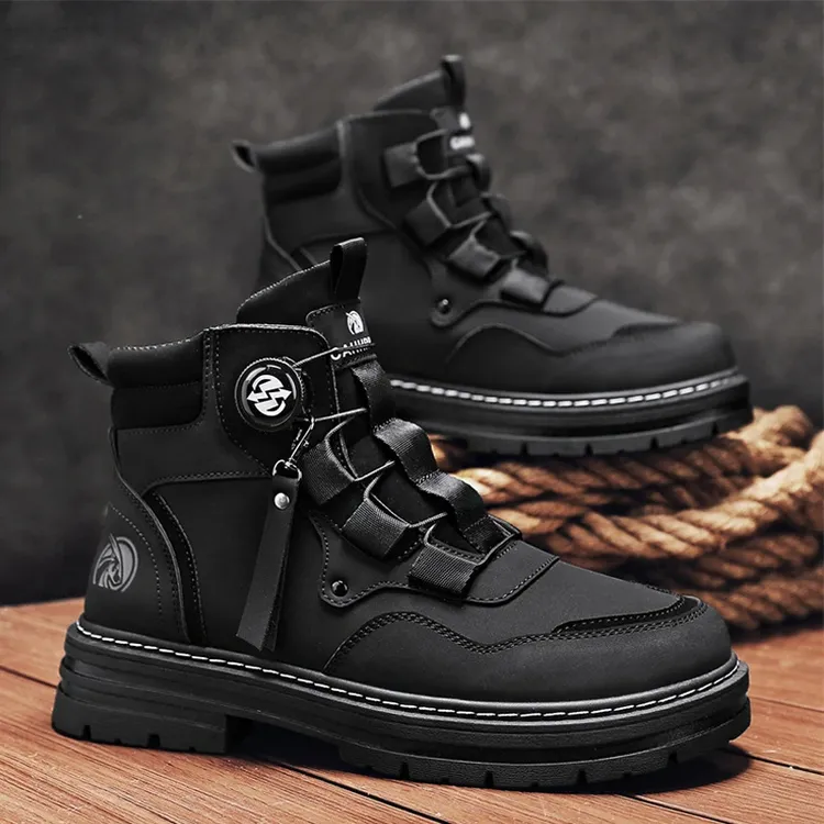 马丁靴男款2025秋季新款厚底工装鞋高帮休闲鞋百搭大黄靴旋转纽扣