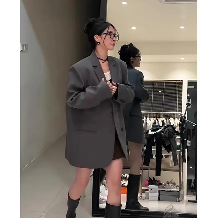 灰色小西装外套女2025春秋季高级感oversize宽松垫肩廓版休闲西服