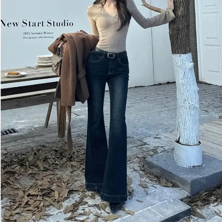 微胖mm深蓝色美式复古微喇牛仔裤女款秋季新款显瘦修身显瘦喇叭裤