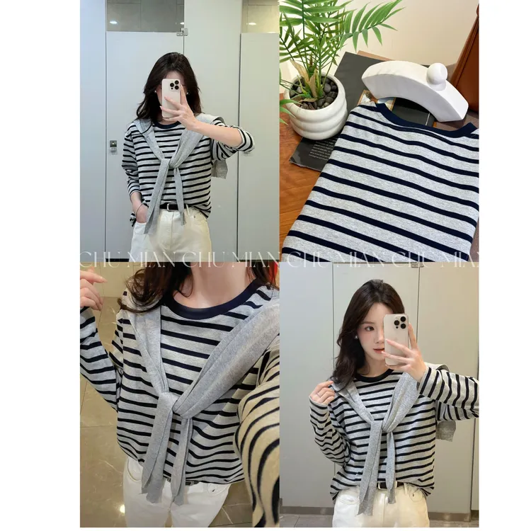 初棉秋冬【很MIU】棉氨混纺撞色条纹长厚款T恤 366601042