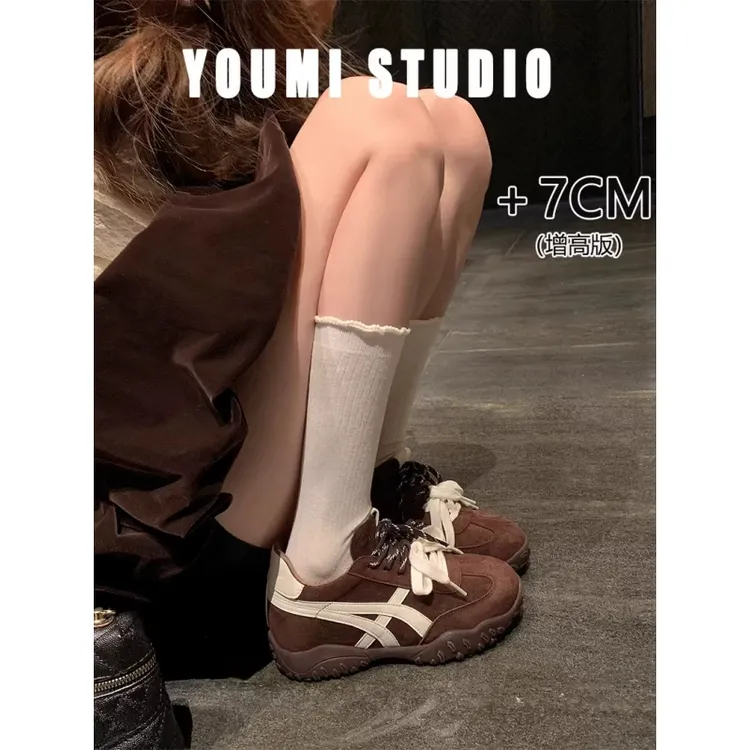 尤米先森7cm内增高~牛皮德训鞋女复古棕色轻便系带休闲运动阿甘鞋