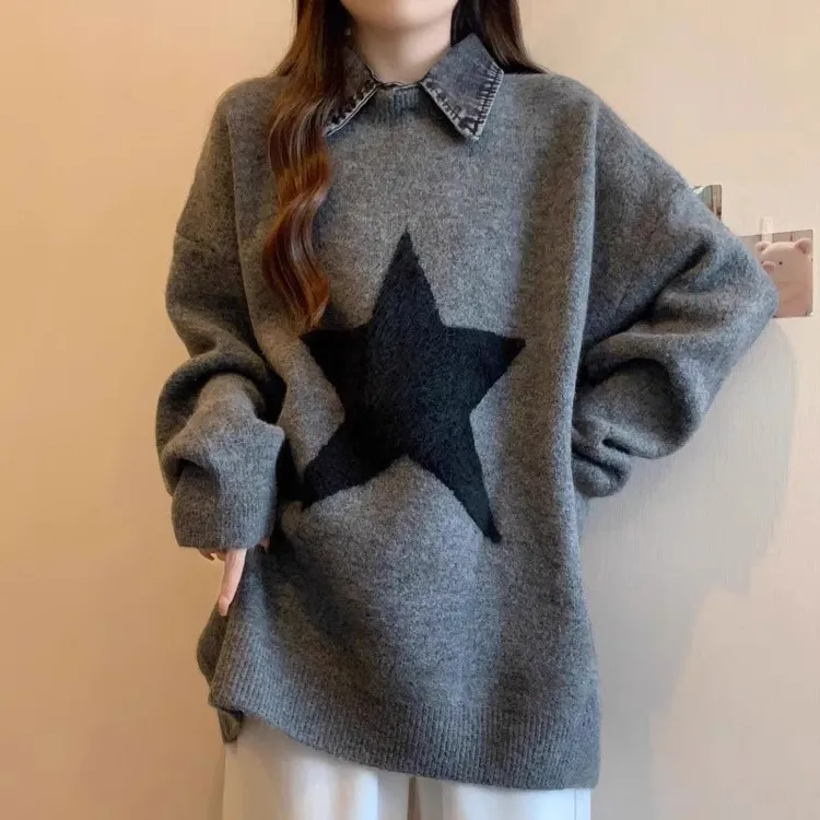 五角星假两件毛衣宽松牛仔风女春秋季慵懒灰色拼接针织衫上衣新款