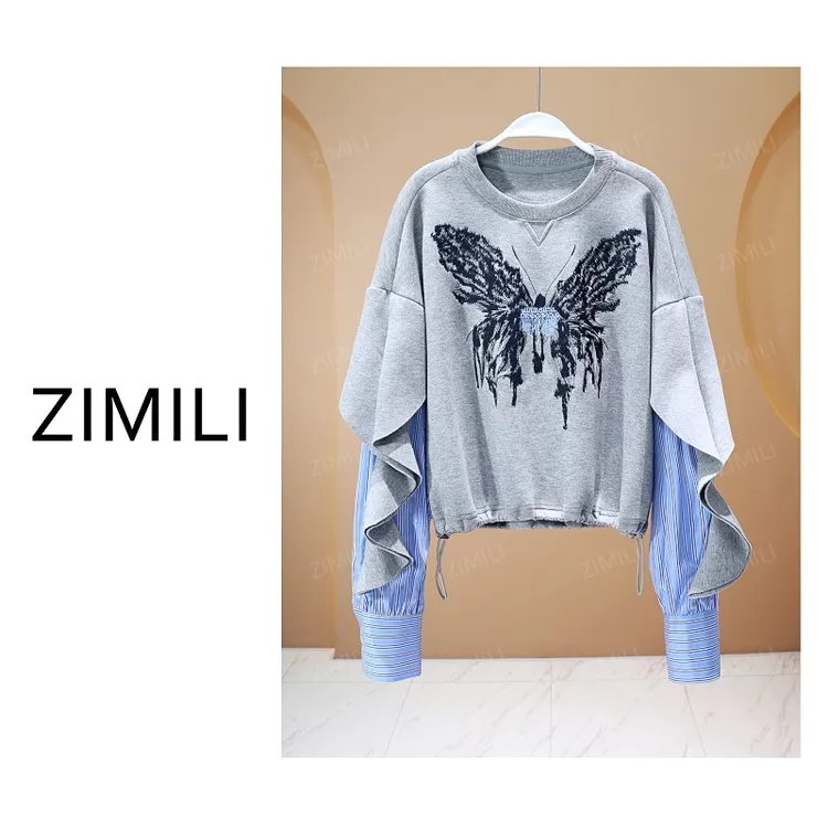 【亮哥女装】2025冬季新品《铅笔》灰色拼接衬衫假两件卫衣5061-B2