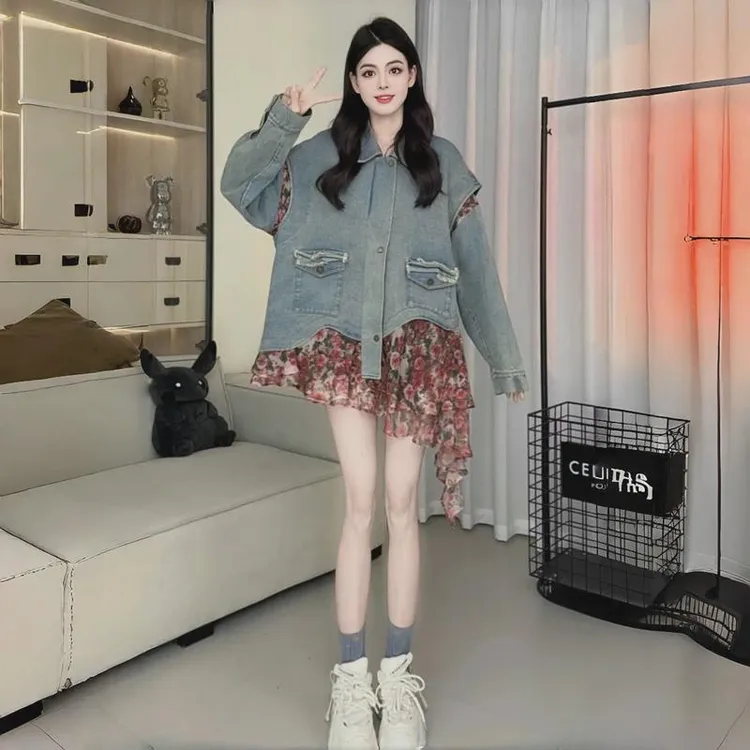 欧货复古百搭碎花拼接牛仔外套女秋季小众设计感减龄宽松显瘦上衣