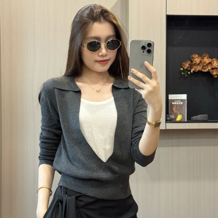 【丝光羊毛】秋季长袖遮肉显瘦v领假两件软糯针织衫女2025新款上衣