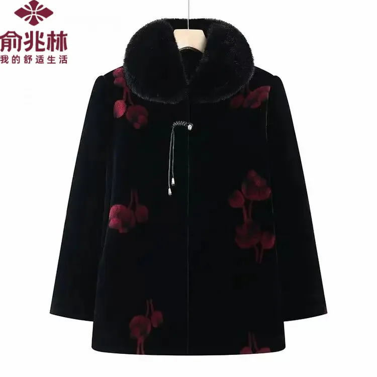俞兆林秋冬短款中年中老年女装女装老年加厚毛呢外套纽扣妈妈装