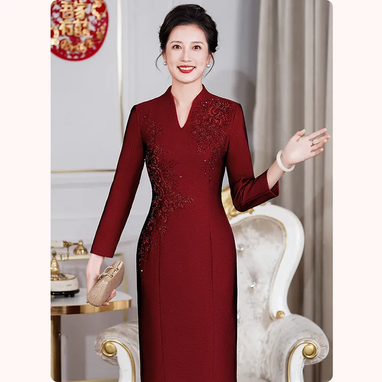 妈妈婚宴礼服高端气质迎宾敬酒服喜婆婆结婚旗袍V领连衣裙