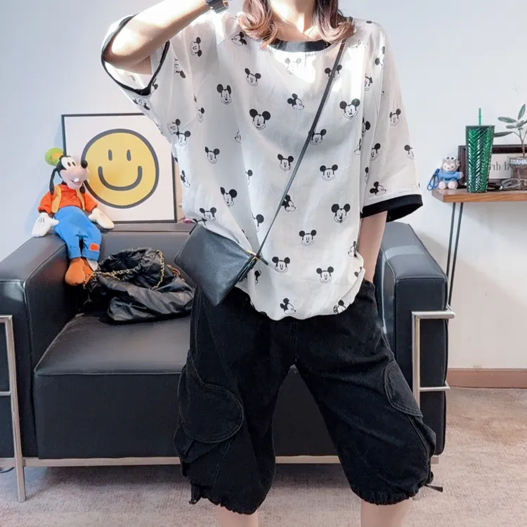 2026夏季新款超洋气白色满印米奇亚麻五分袖T恤女宽松显瘦减龄