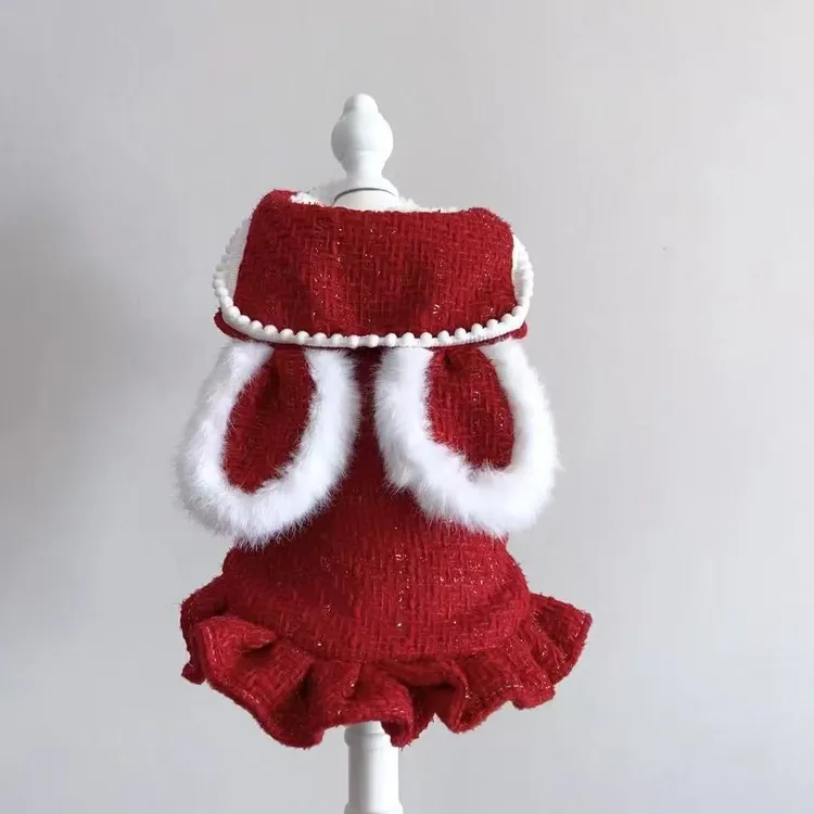 新年小香风狗狗衣服秋冬款红色小型犬马尔济斯雪纳瑞宠物加绒裙子