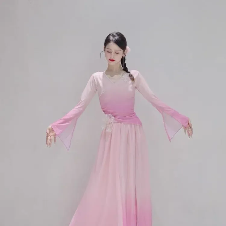 古典舞蹈服女渐变花朵身韵纱衣飘逸仙气演出服装