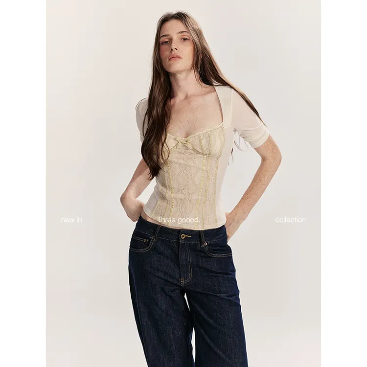 THREE GOOOD/三吉茶系甜心 蕾丝拼接丝绒中袖上衣内搭Y725U12616