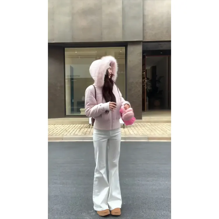 MARIE.COCO秋冬新款韩系连帽毛领棉服外套上衣高腰微喇休闲裤套装