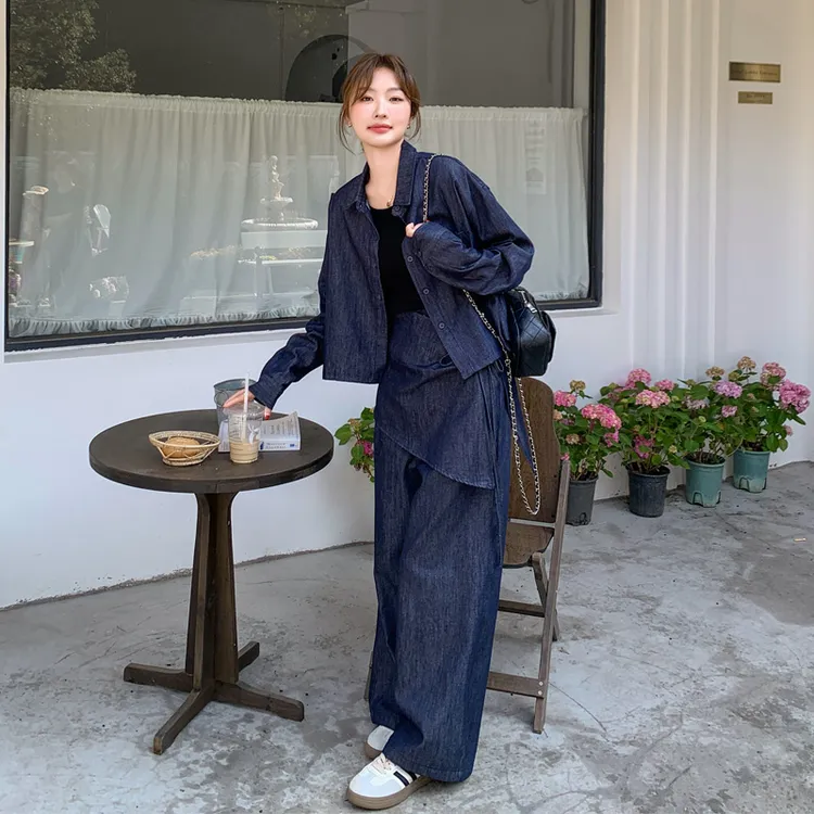 复古港风牛仔套装裤女2025早春新款可盐可甜复古时髦衬衫阔腿裤潮