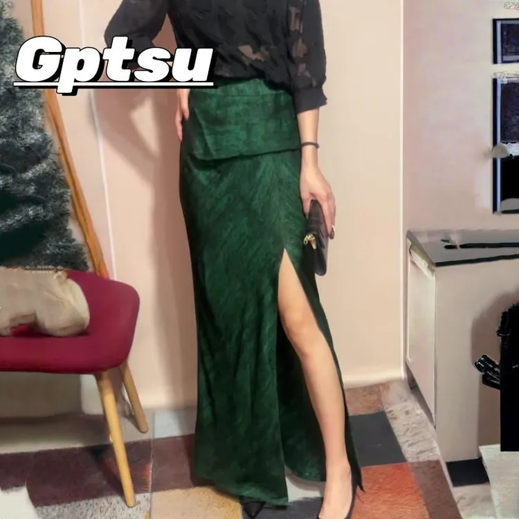 GPTSu胖mm小众设计感时尚百搭半身裙秋冬款大码高级感开叉长裙子