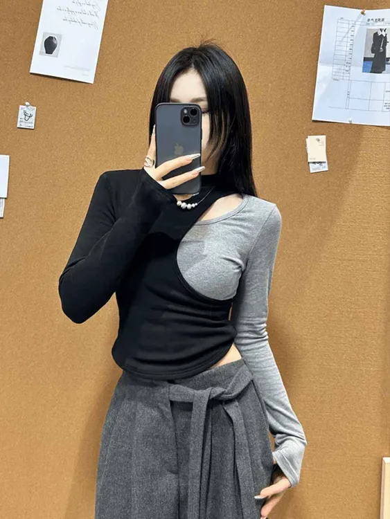 艺等YIDENG撞色镂空长袖t恤女冬季加绒修身显瘦内搭打底衫上衣