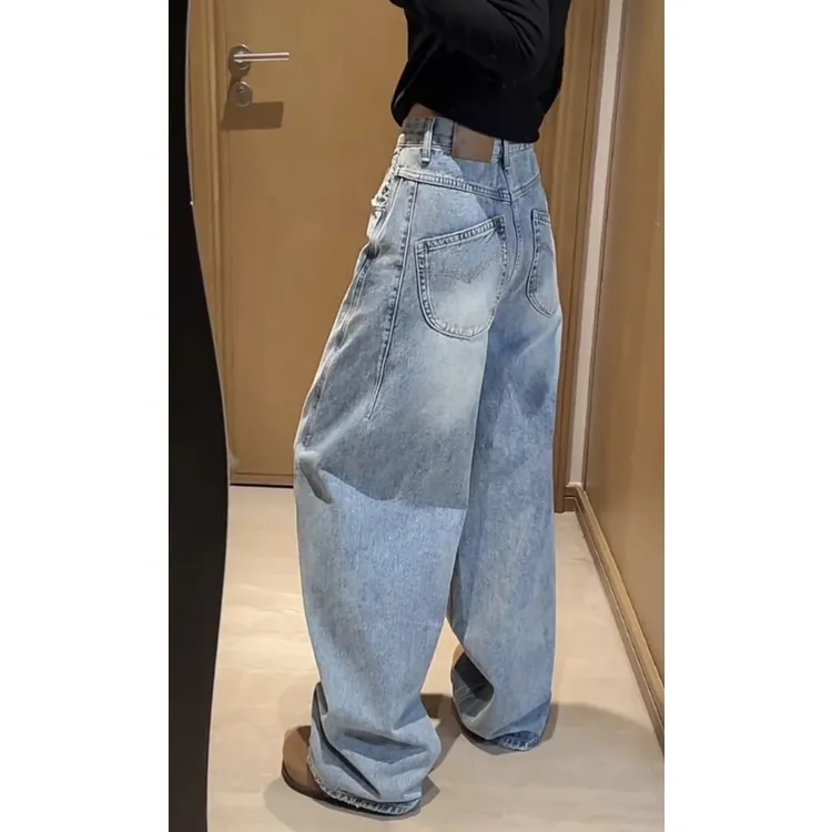 艾塔莉阔腿裤加绒加厚牛仔裤子女秋冬新款胖mm显瘦大码弯刀香蕉裤