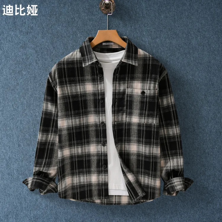 迪比娅美式复古磨毛格子衬衫男士长袖英伦休闲潮牌春秋衬衣外套Y