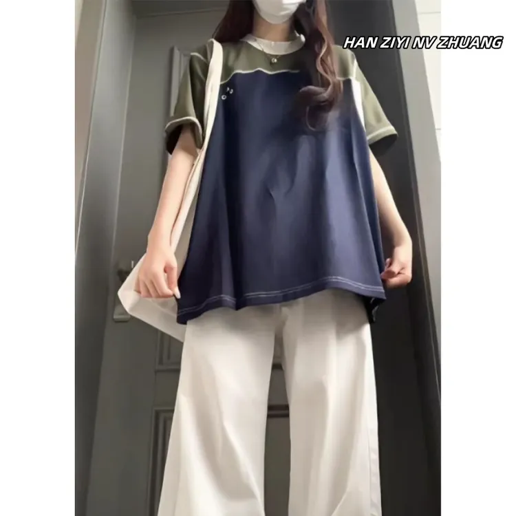 设计感小众拼接纯棉短袖t恤女夏季新款宽松慵懒休闲高街半袖上衣