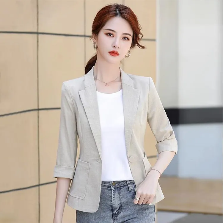 法芬图小西装外套女秋季薄款休闲2025新款短款七分袖亚麻女士西服