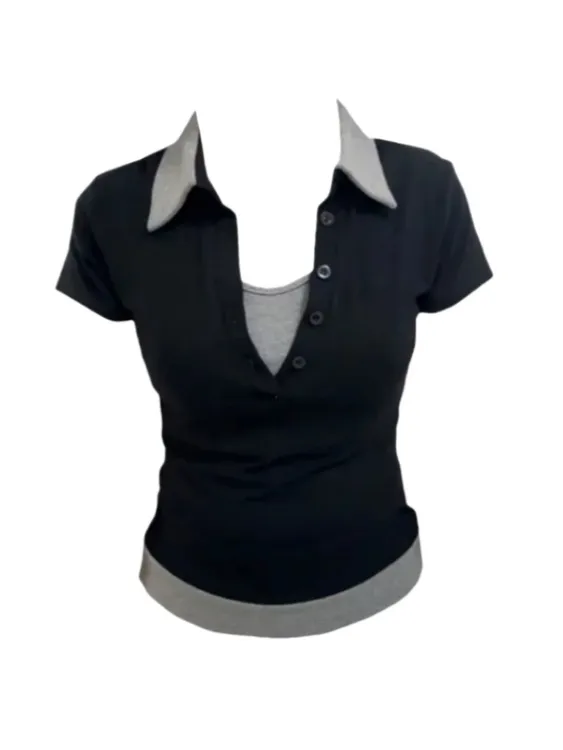 【Amy家】微胖mm设计感假两件撞色正肩短袖T恤女修身显瘦辣妹风上衣