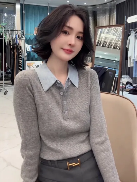 气质假两件拼接撞色翻领长袖针织衫2025早秋新款轻奢舒适通勤上衣