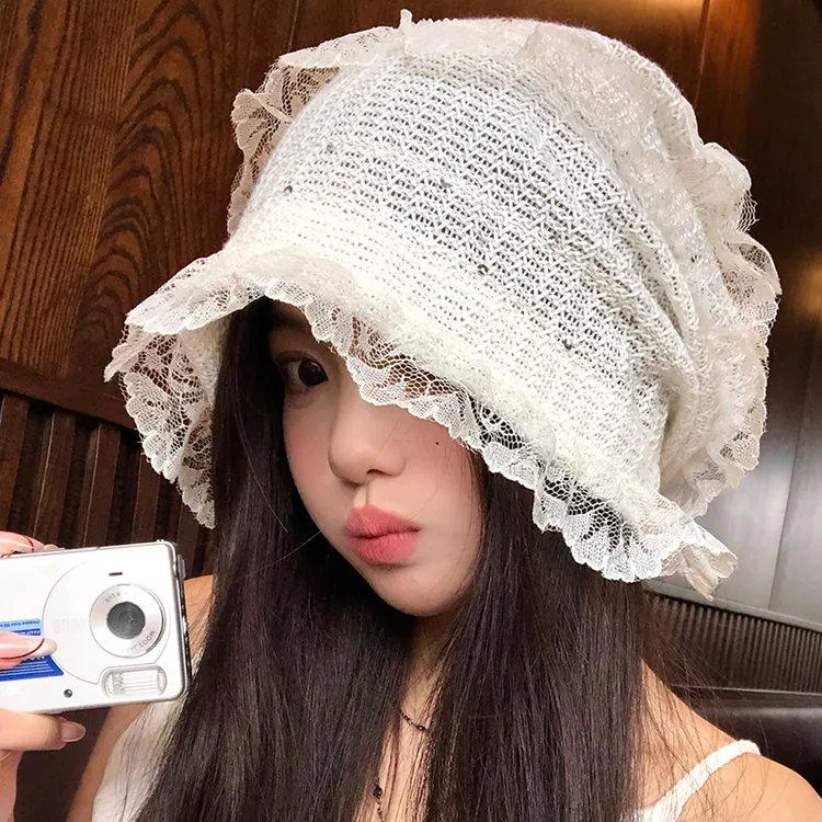 蕾丝镂空包头帽女春夏季百搭白色透气薄款堆堆帽大头围套头帽子潮