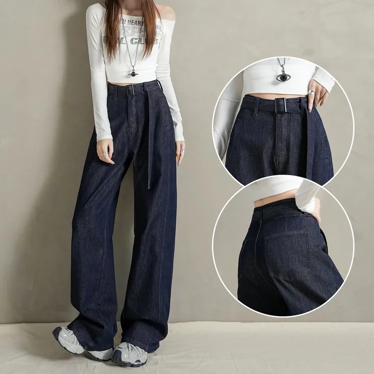 复古高腰直筒牛仔裤女2025秋季新款宽松显瘦腰带设计感阔腿拖地裤