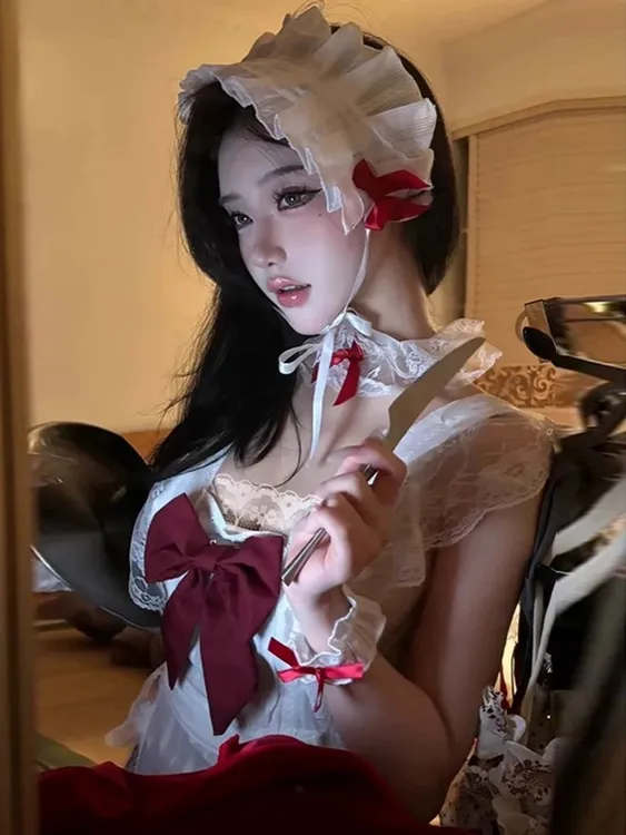 甜心糖果-法式围裙纯欲风睡裙蝴蝶结甜美蕾丝吊带睡衣