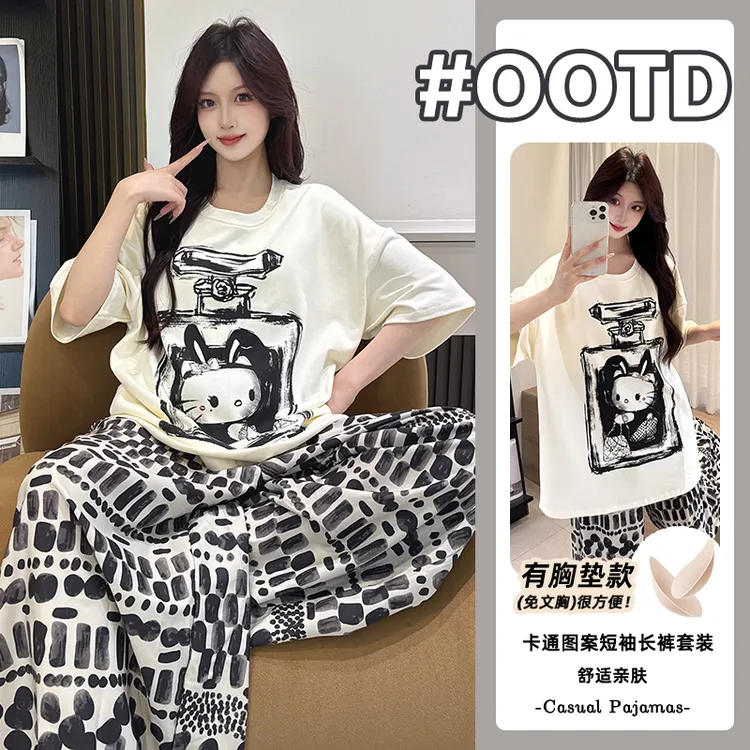 【100%棉短袖长裤带胸垫】夏季睡衣女士纯棉2025新款可爱小喵家居服