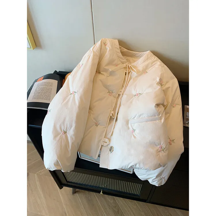 减龄碎花刺绣圆领面包服棉服女2025冬季新款加厚保暖棉袄短外套