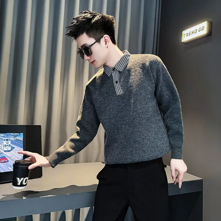 假两件条纹拼接毛衣男款冬季男装衣服秋季新款内搭长袖打底针织衫