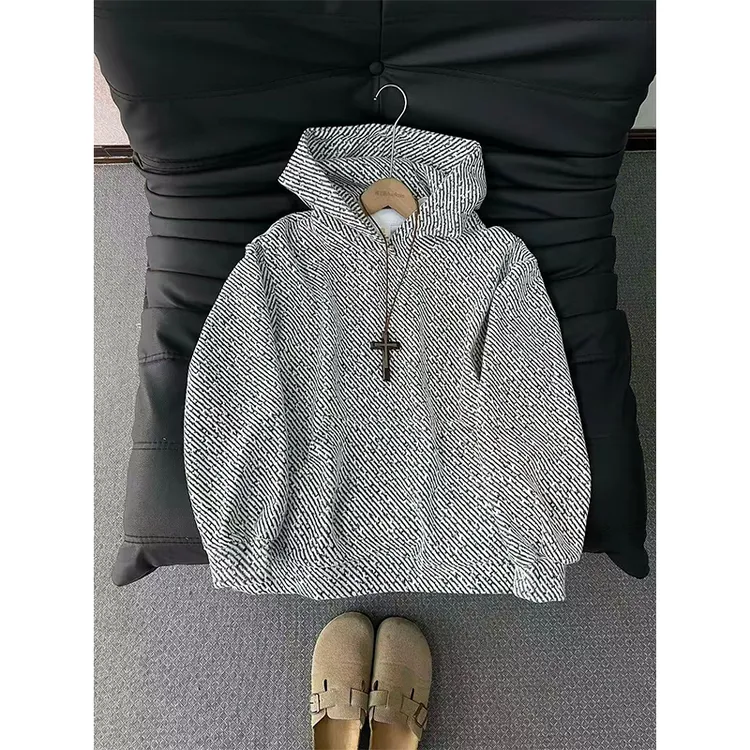 小香风斑马纹连帽卫衣男秋冬季cleanfit情侣外套宽松潮牌休闲上衣