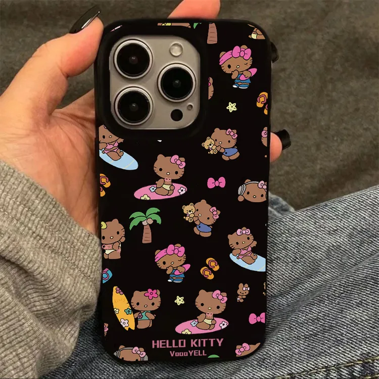 夏日黑皮冲浪KT猫适用苹果16手机壳iPhone13/15promax果冻14套12