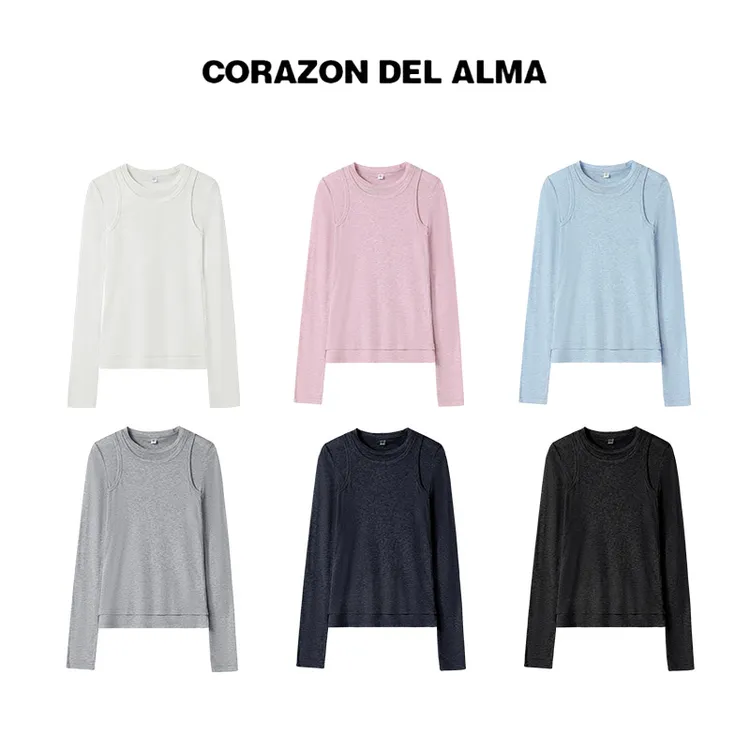 美利奴羊毛天丝2026春季新品圆领修身长袖T恤背心真两件时尚运动