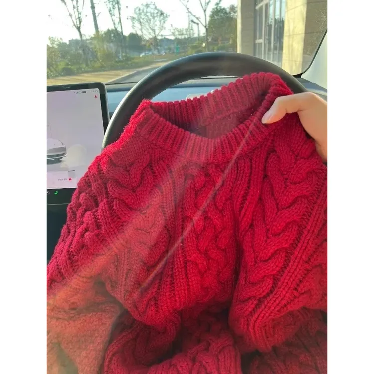 新年穿搭！慵懒风红色麻花套头毛衣女冬季新款韩版宽松针织衫上衣