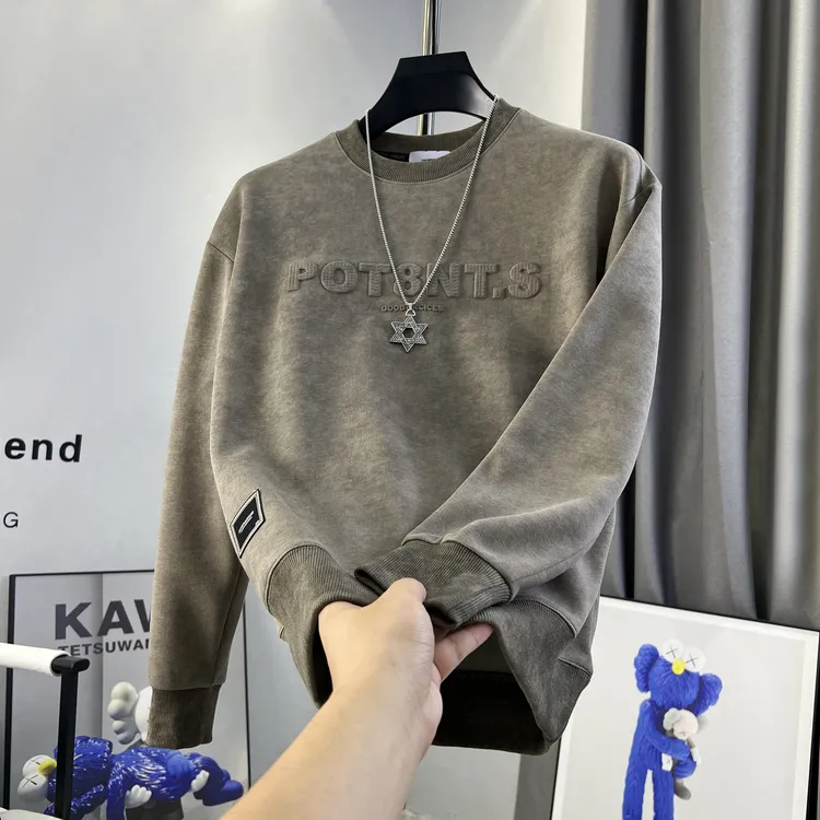 男士秋季休闲简约上衣男重工保暖百搭钢印扎染显瘦长袖卫衣【9613】