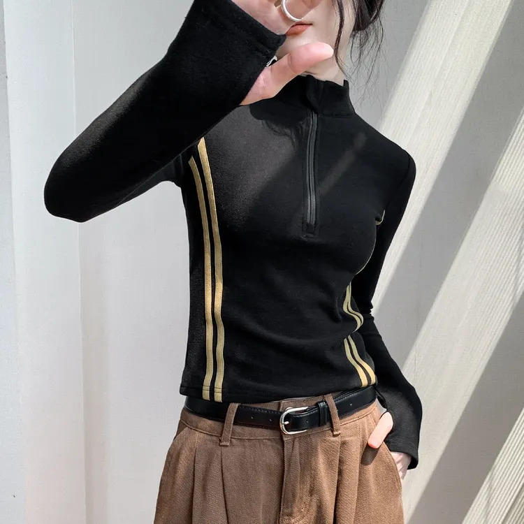 拉链半高领拼色杠条长袖t恤女秋冬新款独特漂亮小衫韩版德绒上衣