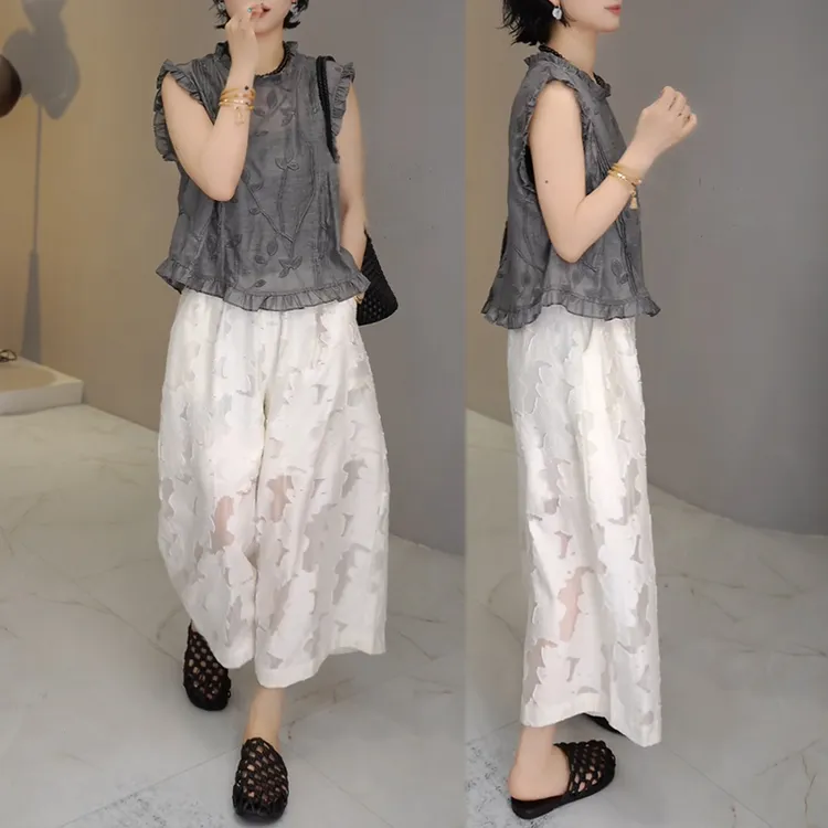 宽松显瘦气质时尚休闲百搭套装女2025夏新款花边衬衣阔腿裤两件套