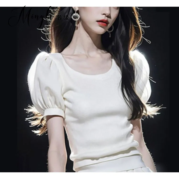 法式时尚气质轻奢风白色圆领泡泡袖T恤女夏季款别致简约超好看小