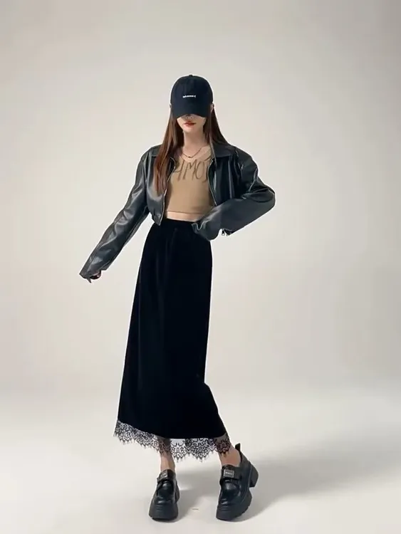 蕾丝拼接丝绒半身裙女早秋冬季高腰垂感直筒中长款包臂显瘦a字裙