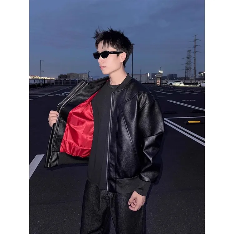 黑色解构机车皮衣外套男秋季高级感痞帅美式正肩pu皮棒球服夹克